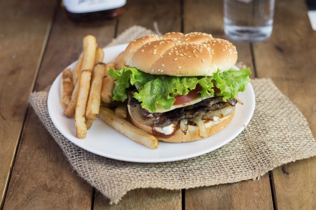 Andouille and Beef Burgers with Spicy Mayo and Caramelized Onions